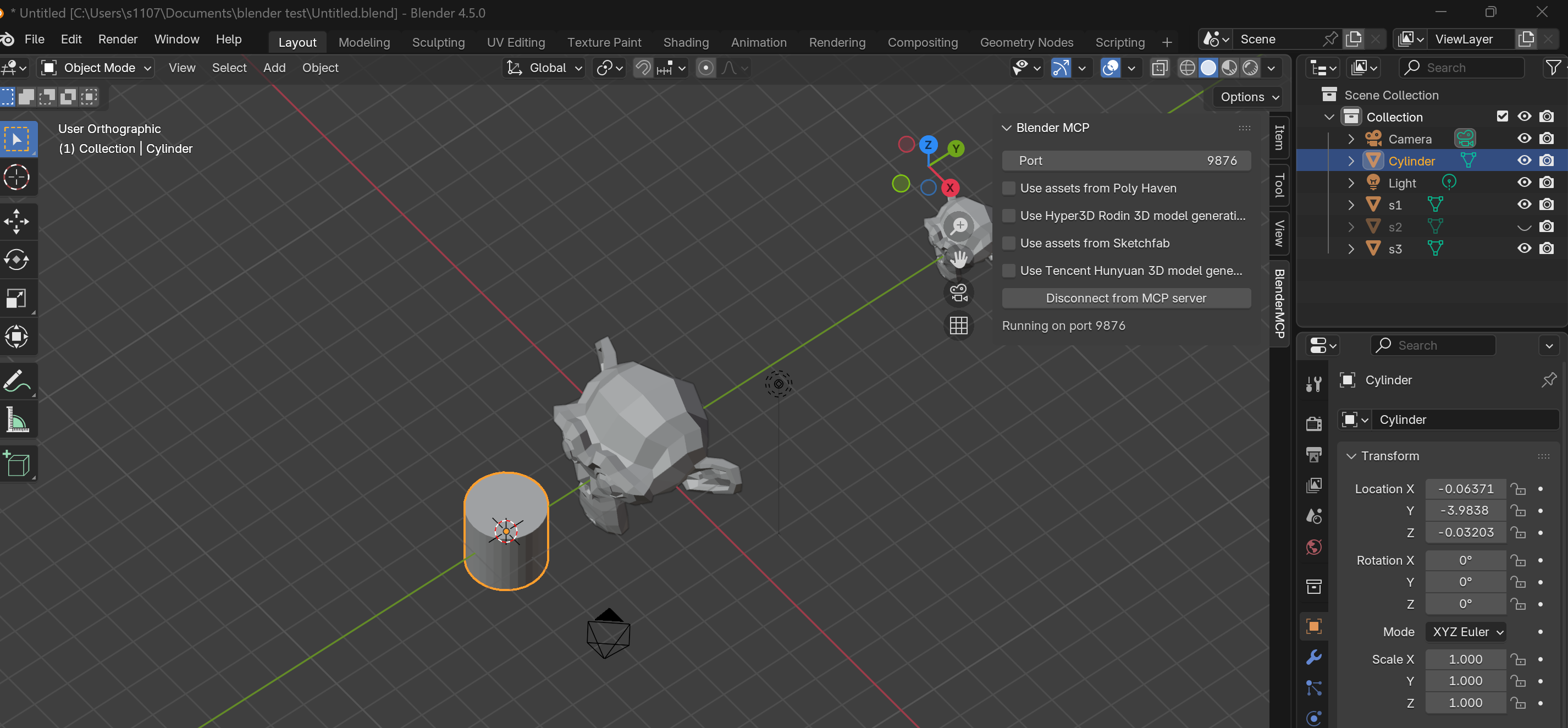 Cylinder created at cursor position
