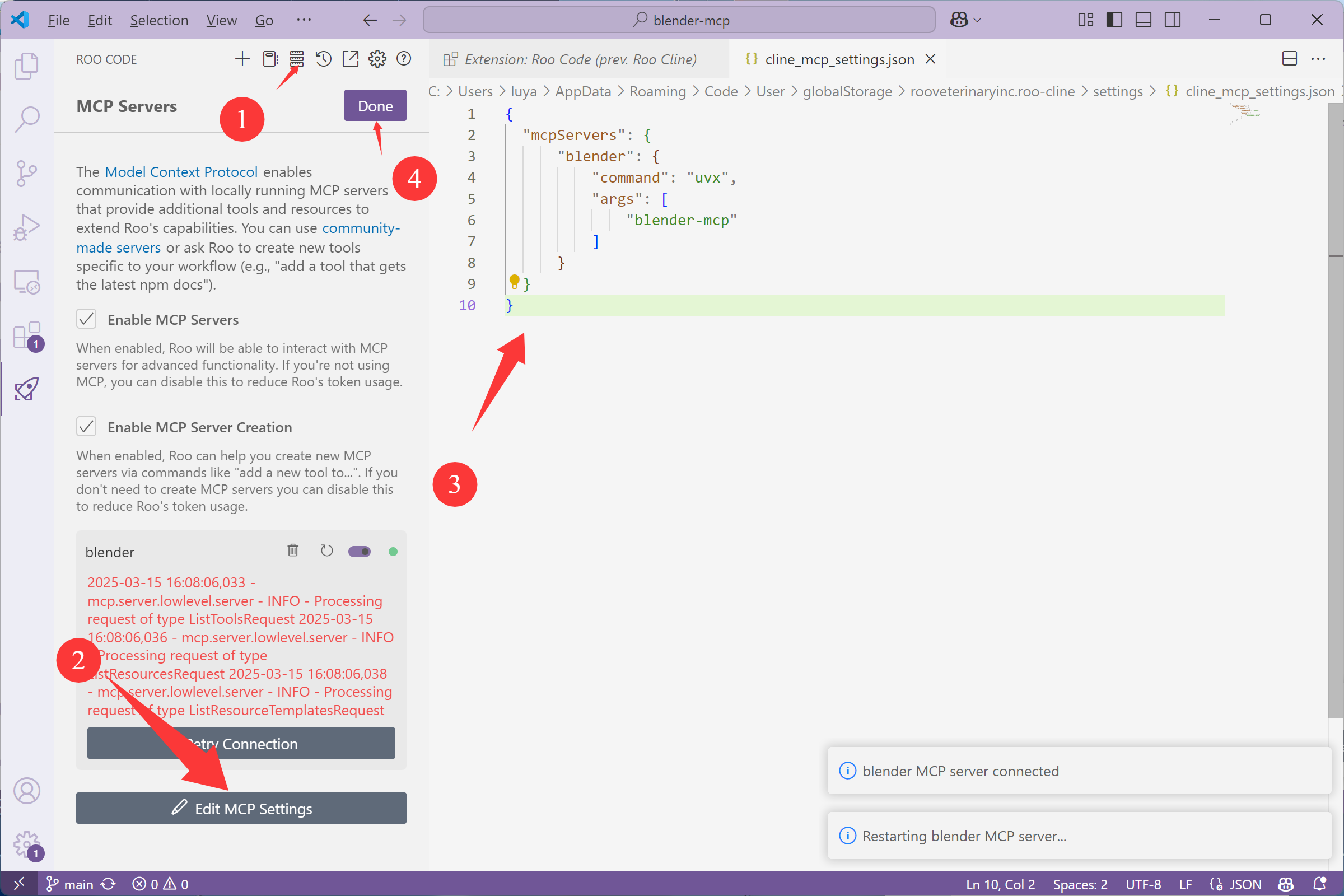 Конфигурация MCP плагина Blender MCP VSCode Roo